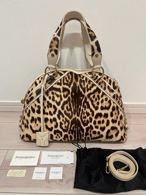 YSL Yves Saint Laurent Bolso de Mano 2 Vías Bolso de Hombro Cuero Patrón Leopardo Raro Foto 1 de 4