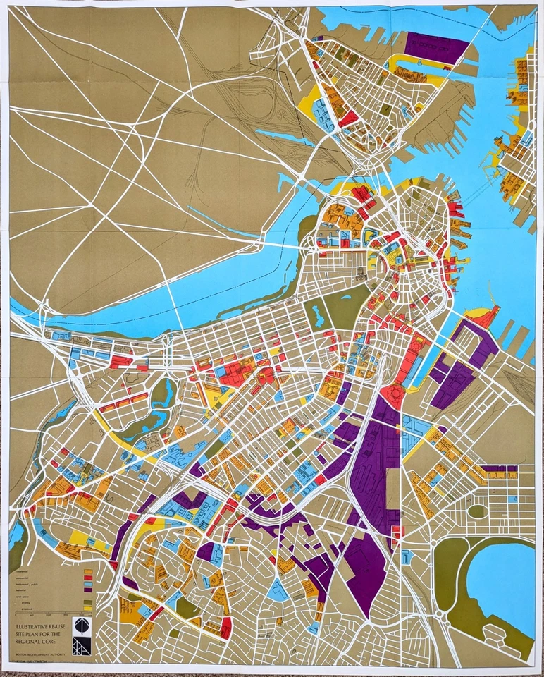 1965 BOSTON MASSACHUSETTS Map CHARLESTOWN - NORTH END - BACK BAY (40x32) - Image 1 of 4