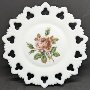 Vintage Lace Decorative Milk Glass Plate Pierced Edge Rose Home Decor Dish Rose - Picture 1 of 7