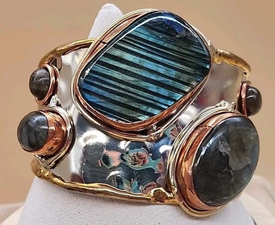 DAVID JEFFERY Striped Green Labradorite Stone/Brass White Metal Cuff Bracelet  - Image 1 of 4