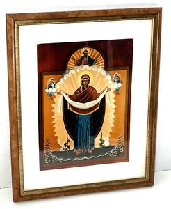 "ICONO RELIGIOSO ENMARCADO Y ENMARAÑADO con Lema del Estado de Connecticut 14""x12"" Virgen María - Imagen 1 de 4