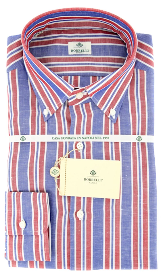 Luigi Borrelli Red White, Blue Striped Cotton Shirt 17/43 - Image 1 of 4