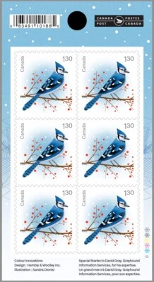 Blue Jay = Christmas Birds = $1.30 USA tarifa folleto de 6 sellos MNH Canadá 2022 Foto 1 de 3