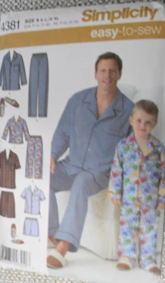 Simplicity Easy Sew 4381 Men's & Boys Pajamas and Slippers Pattern S-XL uNCUT - Image 1 of 2