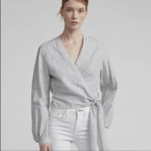 Rag & Bone Prescot Linen Long-sleeve Wrap Top,  Salute (Gray) Stripe, XS - Picture 1 of 5