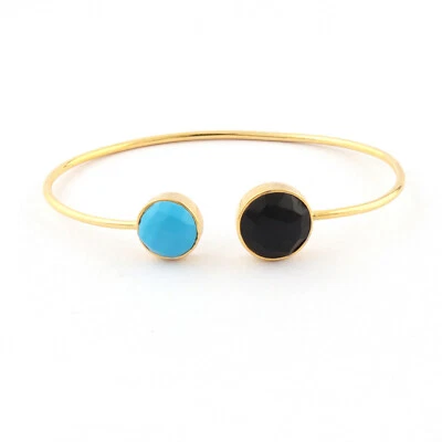 Round Shape Chaker Cut Turquoise Onyx Gold Plated Double Stone Adjustable Bangle - Image 1 of 3