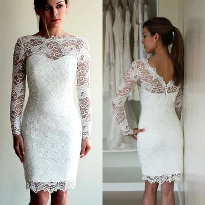 Sexy Vaina Corta Encaje Manga Larga Playa Boda Vestido Ilusión Cuello Vestido de Novia Foto 1 de 4