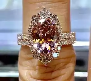 3Ct Oval Lab Created Morganite Wedding Halo Bridal Ring Set 14K Rose Gold Plated - Picture 1 of 3