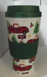 TUMBLER With LID COFFEE Tea RED TRUCKS Christmas Pine TREES Cut Your Own ( - Picture 1 of 7