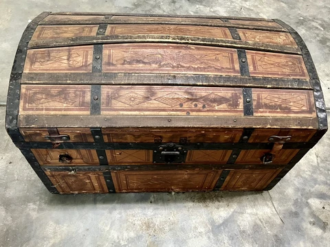 Antique STEAMER Trunk WOOD PAPER Metal Band Tin STAR Civil War Era Chest Cover
