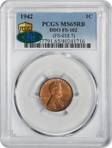 1942 Lincoln Cent DDO FS-102 MS65RB PCGS (CAC) - Picture 1 of 4