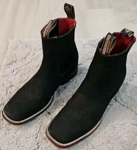 RODEO DURANGO MEN'S PULL ON ANKLE BOOTS BLACK LEATHER SQUARE TOE SIZE 9 - Picture 1 of 6