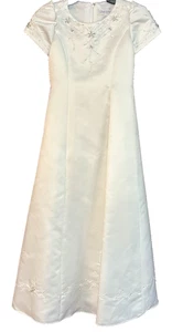 Girls Sz 10 Formal Long Dress Ivory Satin Embroidered Beaded Crystals Bling Gown - Picture 1 of 6