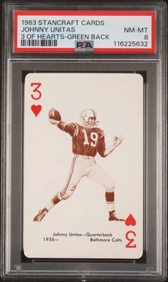 JOHNNY UNITAS 1963 STANCRAFT PLAYING CARDS GREEN BACK 3 HEARTS PSA 8 RARE HOF! - Image 1 of 4