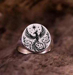 Phoenix Rising Signet Ring 925 Sterling Silver Sign Of Powerful Comeback Ring - Picture 1 of 3