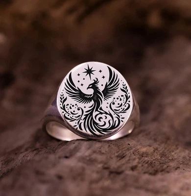 Phoenix Rising Signet Ring 925 Sterling Silver Sign Of Powerful Comeback Ring - Image 1 of 3