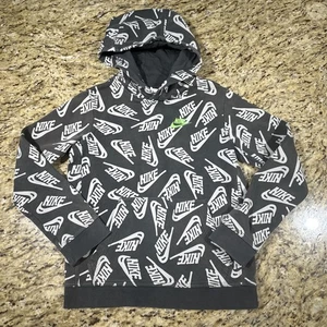 Jungen Nike Hoodie All Over Logo grau neon Swoosh Pullover Sweatshirt Jugend 5-6 M - Bild 1 von 7