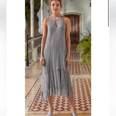 Vestido Sundance Adara Gris Plateado Halter Midi Encaje Bordado Floral Sin Mangas Talla 10 Foto 1 de 4