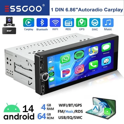 DAB+ Carplay Autoradio 1 DIN 4+64G GPS WiFi Android 14 RDS Mit Bildschirm Kamera - Bild 1 von 4
