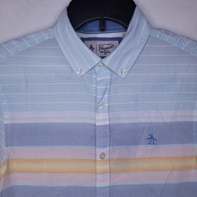 Penguin Shirt Mens Small Striped Blue, White, Orange Cotton Preppy - Image 1 of 4