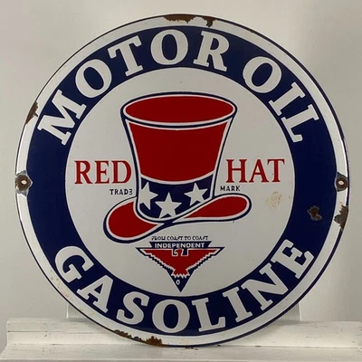 Red Hat Enamel Sign - Ø 50cm (19.7") - Nice Garage Motor Oil Gasoline Wall Decor - Image 1 of 4