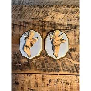 Vintage Cherub Wall Plaques 2 Gold Angel Figurines Playing Instruments Decor - Picture 1 of 8
