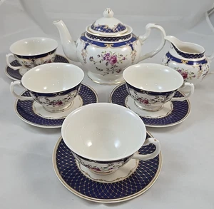 Grace's Teaware Navy Rose Tea set Teapot creamer 4 cups 4 saucers - Picture 1 of 15