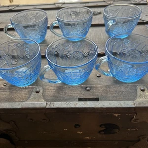6-KIG Indonesia Ice Blue Glass Punch Cup Embossed Fruit - Picture 1 of 5