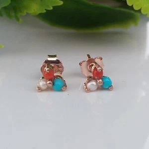 Koralle Perle & Türkis Trio Ohrstecker 14K Rotgold Partykleidung Schmuck Geschenk für sie - Bild 1 von 7