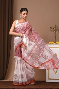 Mano Ajrakh Estampado Algodón Étnico Saree Mujeres Boda Fiesta Prenda Vestido Sari Blusa - Imagen 1 de 2