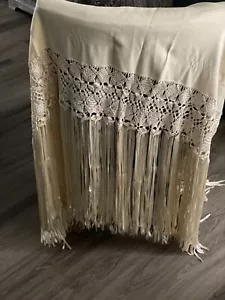 Sciarpa scialle pianoforte vintage ENORME bianco sporco panna frange - Foto 1 di 12