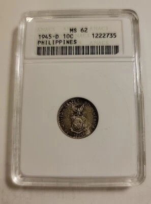 1945-D Philippines Anacs MS 62 Silver 10 Centavos Coin  - Image 1 of 4