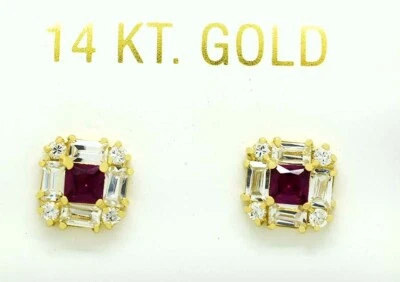 RUBY & WHITE SAPPHIRE STUD EARRINGS 14K YELLOW GOLD  * Made in USA * - Image 1 of 3