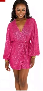 Buddy Love Adeline Fuchsia Pailletten Langarm Wickel Mini Kleid, Gr. Large. - Bild 1 von 9