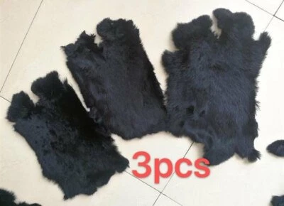 Paquete de 3 pieles de conejo negras naturales de alta calidad piel de cuero real piel hágalo usted mismo Foto 1 de 4