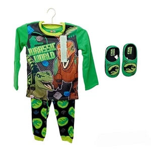 Jurassic World Dinosaur Boys Pajama Set 6/7 w/Slippers 11/12 Green Graphics - Picture 1 of 6