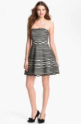 Adrianna Papell Dress 10 Strapless Ribbon Tulle Black White Striped NEW B48 - Image 1 of 4