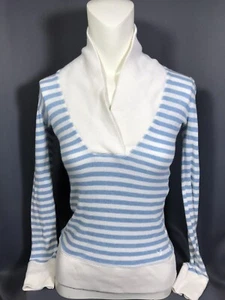American Eagle Sweater Womens Size S Blue White Striped Shawl Neck Fitted Fitted - Picture 1 of 4