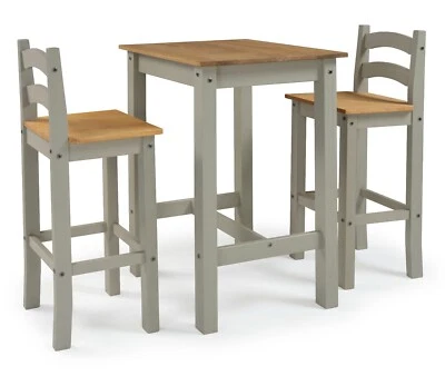 Corona Bistro Table and 2 Barstool Grey Wax Mexican Solid Pine Mercers Furniture
