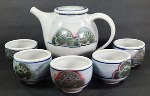 VINTAGE HANDGEWORFEN STEINZEUG KUNSTKERAMIK TEEKANNE & 5 TASSEN SET KÜNSTLER SIGNIERT SCHWARTZ - Bild 1 von 24