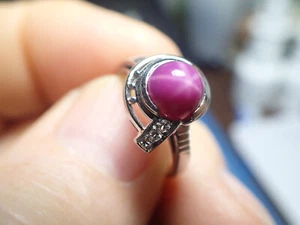 Pink or Purple Star Sapphire Ring 14k White Gold Jewelry &Three Diamonds Size 6 - Picture 1 of 11