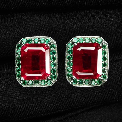 Green Tsavorite & Red Ruby 8.70Ct 925 Sterling Silver White Gold Halo Earrings - Image 1 of 4