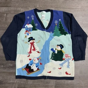 Quaker Factory Vintage Christmas Holiday Sweater Womens Medium Button Up Snowman - Picture 1 of 8
