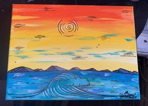 Shortiez Ink Graffiti Abstract 9 X 12 Canvas Ocean Side Mountains - Picture 1 of 1
