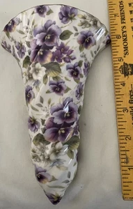 Vintage Wall Pocket Chintz Porcelain Purple Pansies Gold Rim 7” - Picture 1 of 5