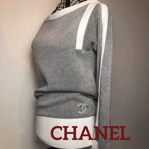 Chanel Boat Neck Knit Sweater Gray White Cotton Size S Women Authentic From JP - Picture 1 of 20