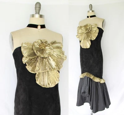 Vintage 80s disco suede leather gold lame mermaid strapless hourglass dress - Image 1 of 4