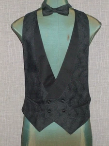 Vintage Black Vest with Paisley Pattern - Vest, Bow Tie & Pocket Sq - Size M - Picture 1 of 7