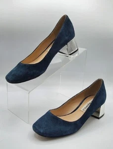 Karl Lagerfeld Women Pumps 6 Blue Charee Leather Suede Silver Block Heel Low - Picture 1 of 15