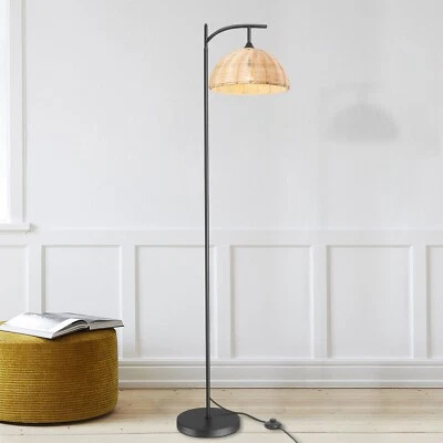 Rustic Floor Lamp Rattan Lampshade Standing Pole Light for Sofa Reading Study - Image 1 of 4